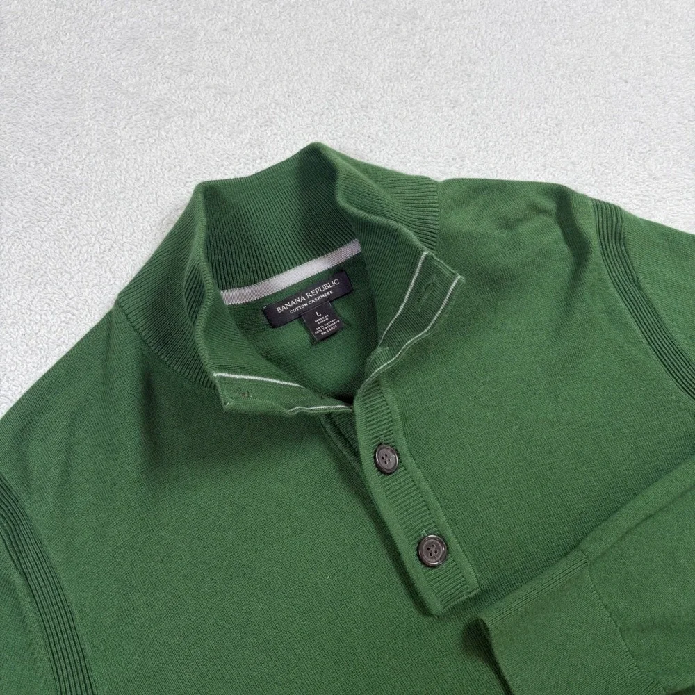 Banana Republic Mens Green Cotton Cashmere Blend Mock Neck Button Sweater‎ Large